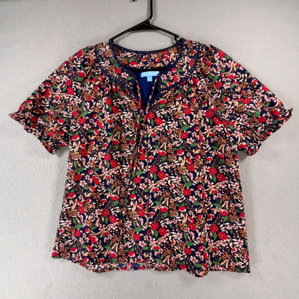 Draper James Womens S Navy Floral Blouse Short Sleeve V Neck Lined Stretch Top